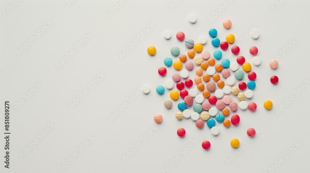 Colorful medication pills arranged in a circular pattern on white background with copy space