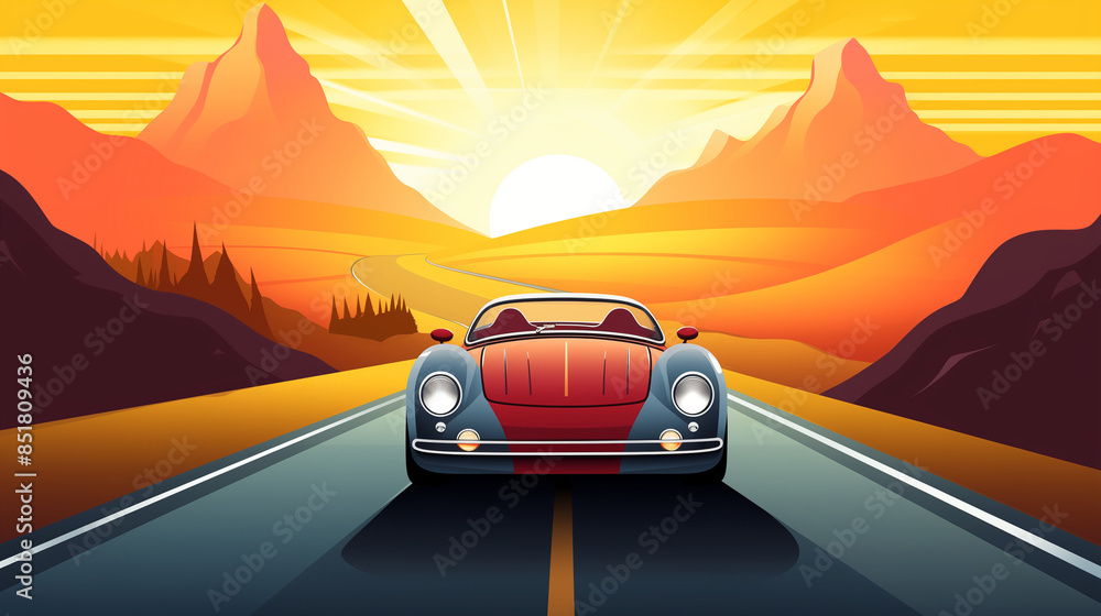 Naklejka premium Illustration in a cartoon style depicting a Convertible is driving on a mountain road 