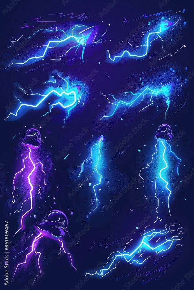 Cartoon lightning animation. Animated frames of electric strike, Cartoon lightning animation. Animated frames of electric strike,