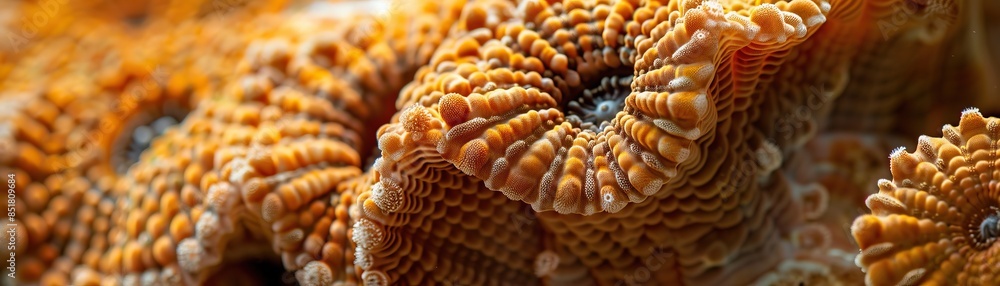 Close-up image of vibrant, textured orange coral reef showcasing intricate marine life details in an underwater seascape. Close-up image of vibrant, textured orange coral reef showcasing intricate marine life details in an underwater seascape.