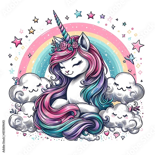 A drawing of a unicorn coloring page design colours drawing graphic with rainbow and clouds Artistic vector highquality professional.