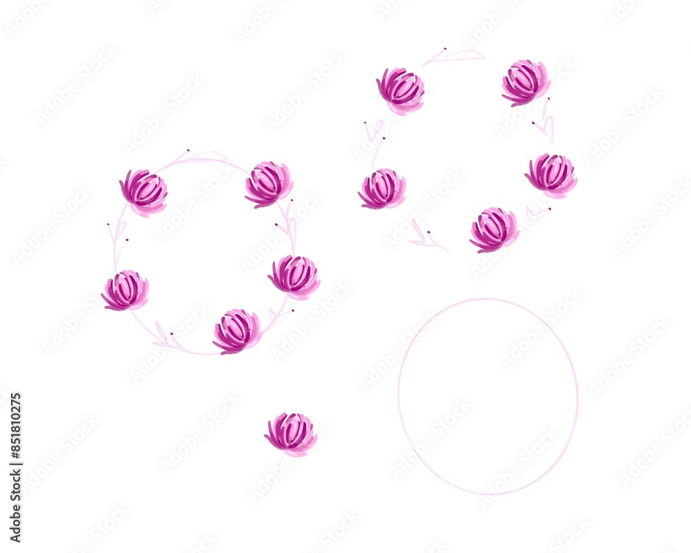 a set of small pink rose flowers, as a decoration, a wreath on a white background, a decorative pattern a set of small pink rose flowers, as a decoration, a wreath on a white background, a decorative pattern