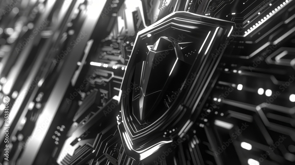 Fototapeta premium Futuristic digital shield reflecting cybersecurity concept with intricate circuit lines and metallic textures in monochrome.