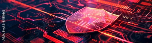 Futuristic digital shield representing cybersecurity and data protection in a technological circuit board background.
