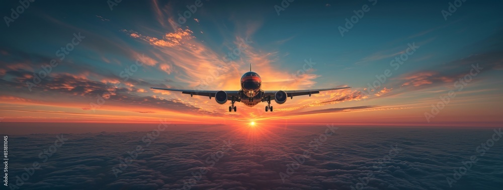 Flying airplane at sunrise, with a beautiful sky Flying airplane at sunrise, with a beautiful sky