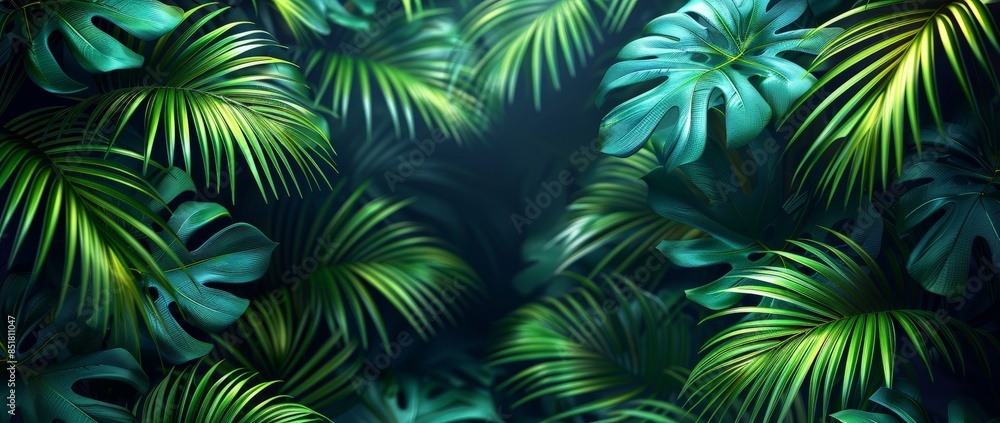 Fresh exotic jungle background with palm fronds and monstera Fresh exotic jungle background with palm fronds and monstera