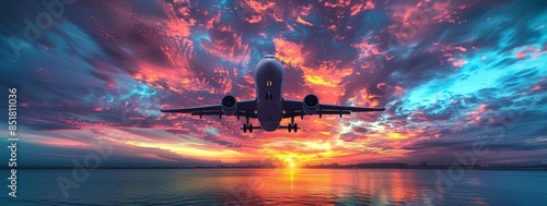 Flying airplane at sunrise,...