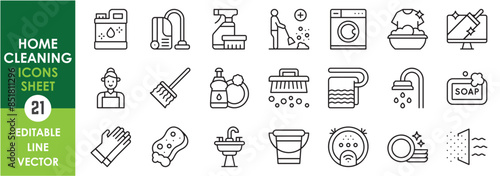 A set of line icons related to home cleaning and hygiene. Clean, bleach, laundry, gloves, dishes, soap, vacuum, liquid and so on. Vector outline icons set.