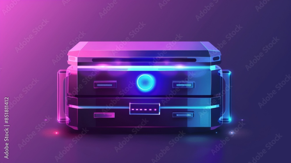 Obraz premium Futuristic digital storage device with vibrant neon lights on a gradient background, representing advanced technology and innovation.