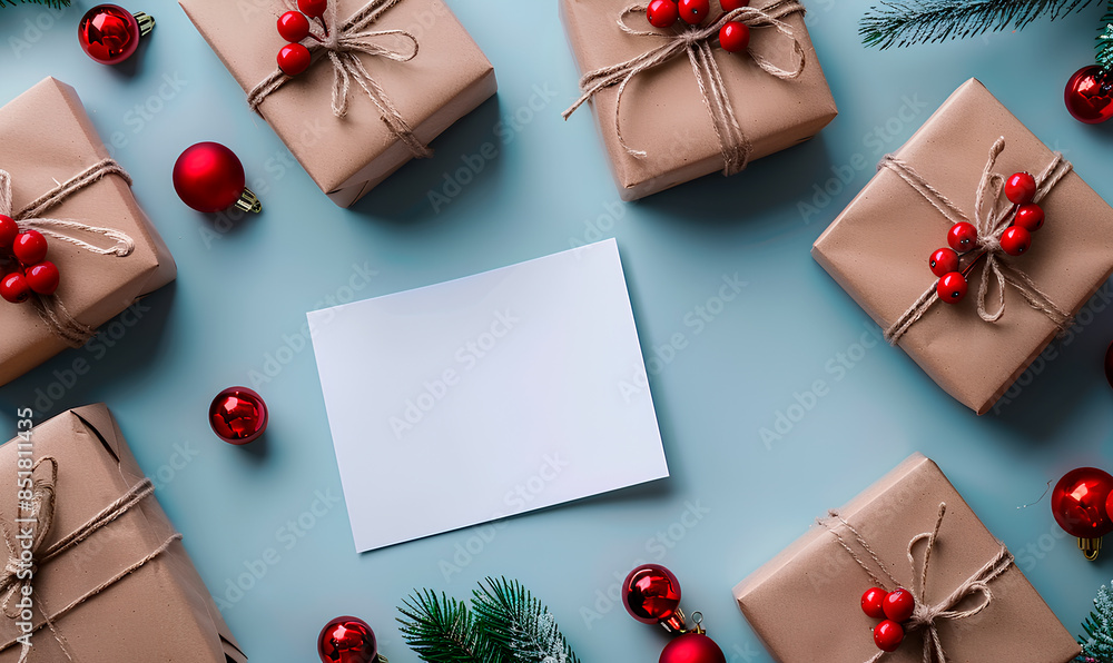 Christmas gift boxes with red toys and a blank card Christmas gift boxes with red toys and a blank card