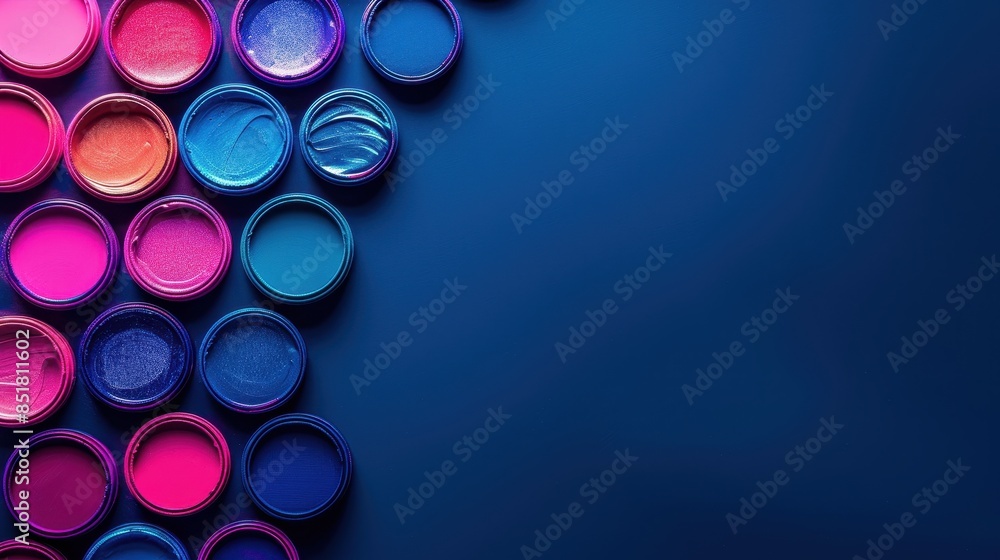 A collection of vibrant paint jars in various colours against a deep blue background, representing artistic creativity and a rich, colourful palette for artistic projects. A collection of vibrant paint jars in various colours against a deep blue background, representing artistic creativity and a rich, colourful palette for artistic projects.