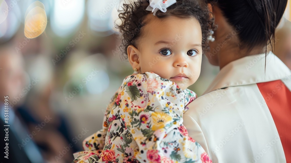 A baby girl in an elegant floral dress is gently carried down the runway by a model, showcasing fashion and grace. A baby girl in an elegant floral dress is gently carried down the runway by a model, showcasing fashion and grace.