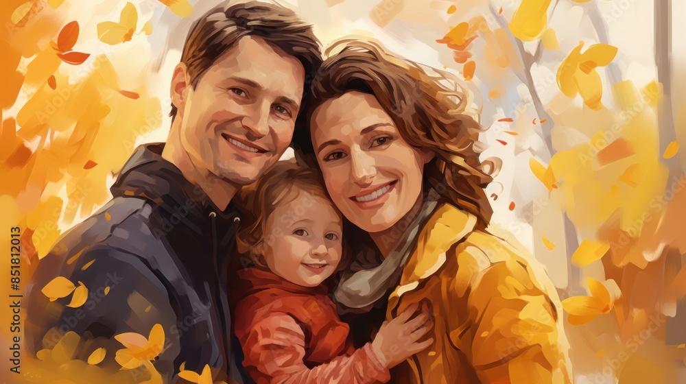Family oil painting, parents and baby. Happy family. Family oil painting, parents and baby. Happy family.