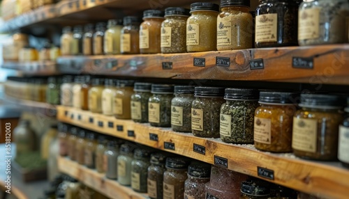 Wallpaper Mural Rows of Glass Jars Filled With Various Spices on Wooden Shelves in a Shop Torontodigital.ca