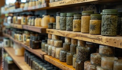 Rows of Glass Jars Filled With Various Spices on Wooden Shelves in a Shop © PLATİNUM
