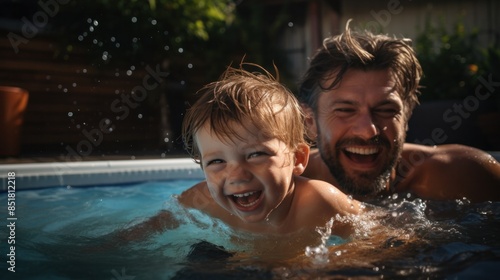 Father and son playing in the outdoor swimming pool. Family. Love. © ORG