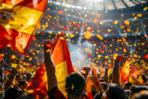 A detailed image of Spanish football supporters with red and yellow flags, celebrating a match win enthusiastically in the stadium