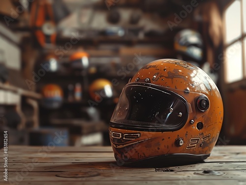 Classic HarleyDavidson helmet in a garage photo