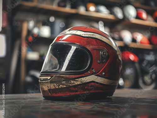 Classic HarleyDavidson helmet in a garage photo