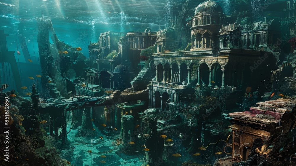 Stunning underwater city ruins with ancient architecture, columns, and ...