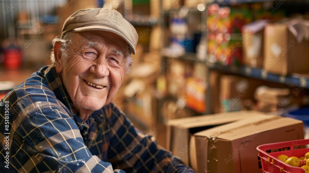 A smiling elderly man in a blue plaid shirt is standing in front of a box of ora A smiling elderly man in a blue plaid shirt is standing in front of a box of ora