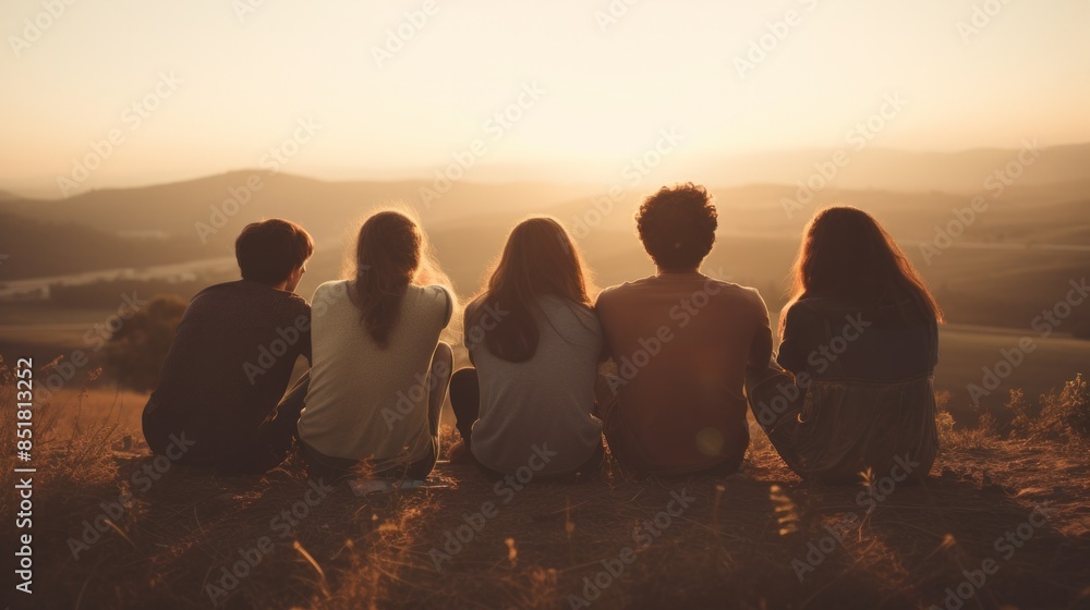 Group of young friends sitting and talking joyfully Group of young friends sitting and talking joyfully