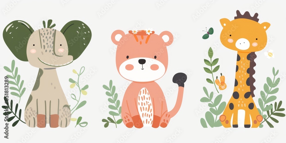 Obraz premium Cute cartoon elephant, tiger and giraffe. Vector illustration for nursery, baby shower, kids room decor, greeting card.