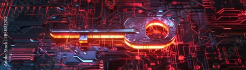 Futuristic glowing red key on a digital circuit board, symbolizing cybersecurity and data protection in a high-tech environment. photo