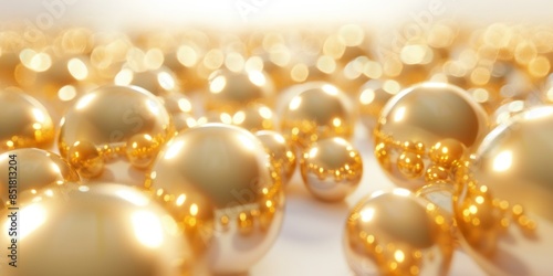 Shiny gold balls on bright white background elegant decorative ornaments for luxurious event display
