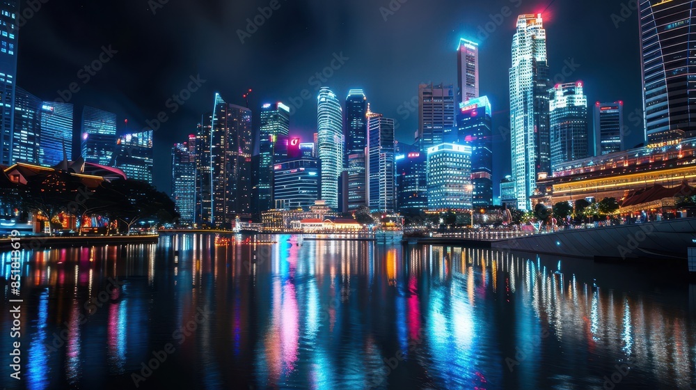 Fototapeta premium Cityscape at night with illuminated buildings and river reflections 