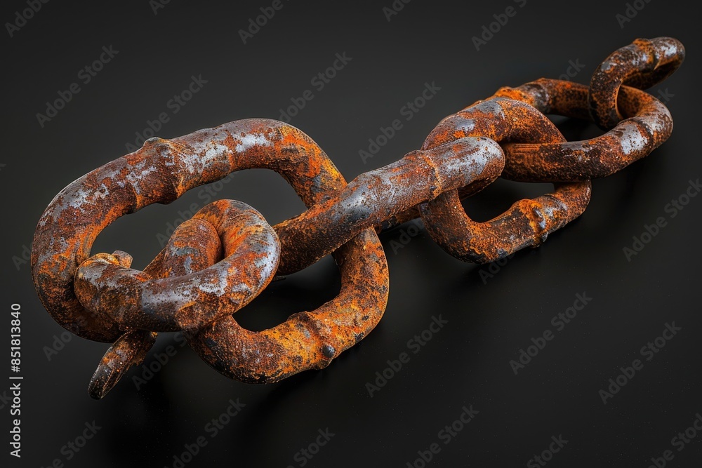 A chain is shown in a close up. The chain is rusted and old A chain is shown in a close up. The chain is rusted and old
