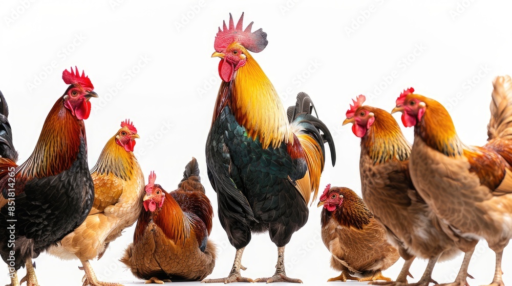 Fototapeta premium A rooster crowing while hens peck around, all on a stark white background, emphasizing their vibrant details.