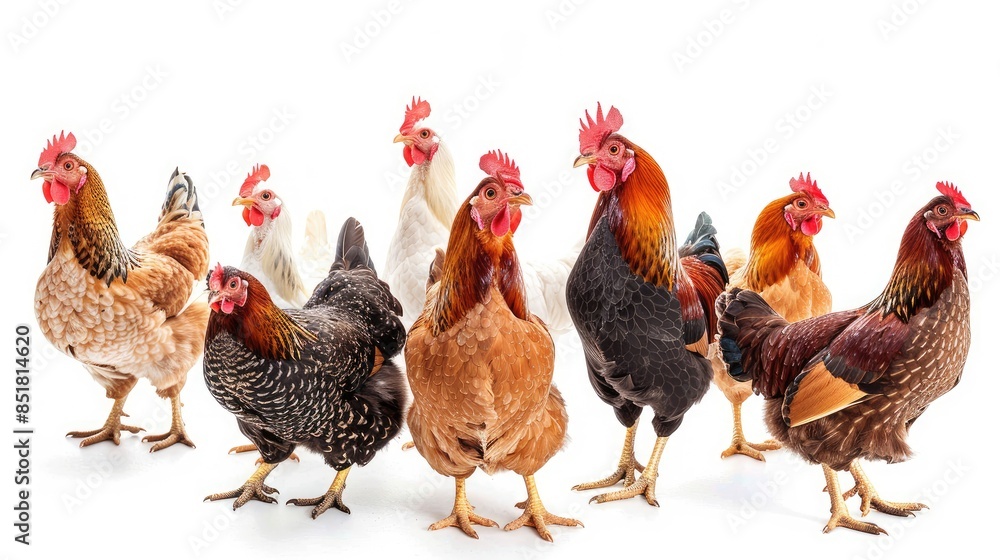 A variety of chickens perched, pecking, and exploring on a bright white background, each showcasing a unique pose A variety of chickens perched, pecking, and exploring on a bright white background, each showcasing a unique pose