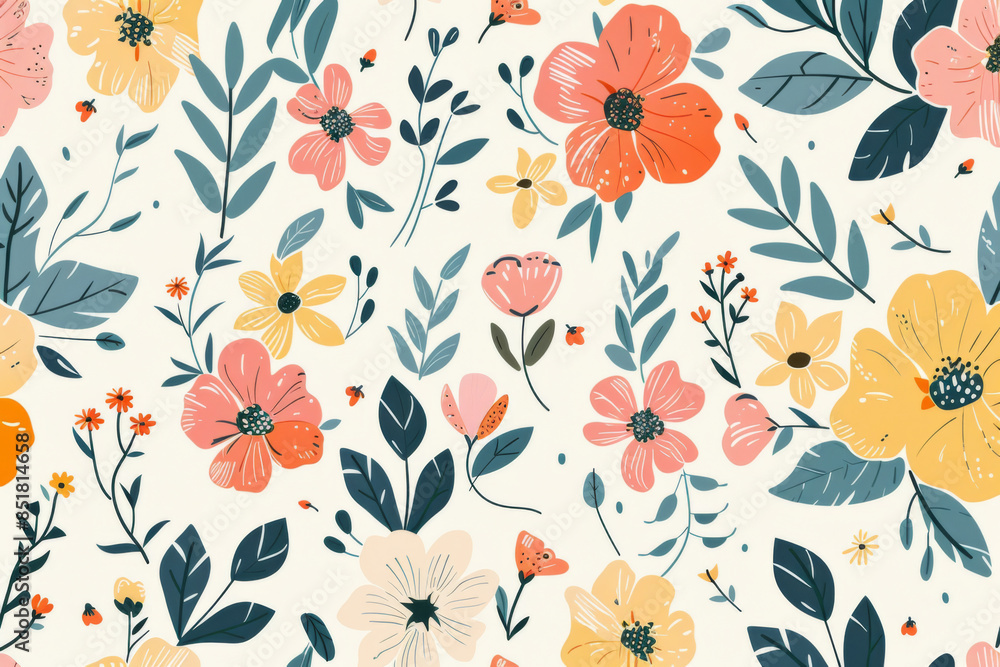 retro flower pattern, seamless design with orange and blue flowers, hand drawn leaves and branches on cream background for social media posts and banner retro flower pattern, seamless design with orange and blue flowers, hand drawn leaves and branches on cream background for social media posts and banner
