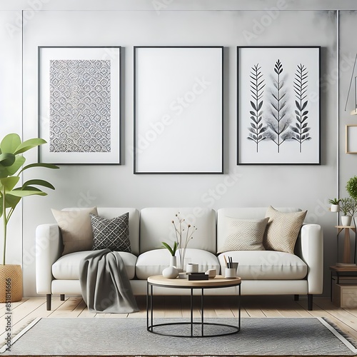 A living room style interior set design with a mockup poster empty white and with a couch and a coffee table Vibrant optimized Artistic.