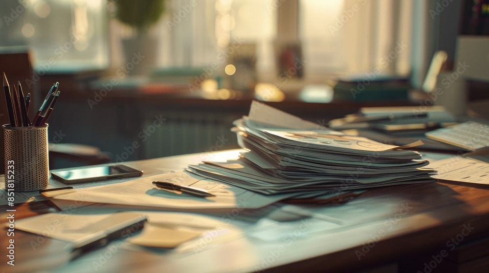 Closeup office desk with work papers and document background Closeup office desk with work papers and document background