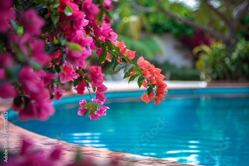 A serene pool scene surrounded by a kaleidoscope of colorful flowers, adding a burst of vibrancy to the atmosphere. The flowers' petals gently sway in the breeze, creating a sense of tranquility.