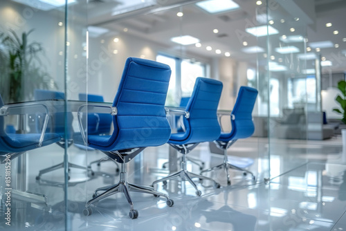 Modern white office interior with glass wall and conference table, blue chairs around the edge of meeting room.