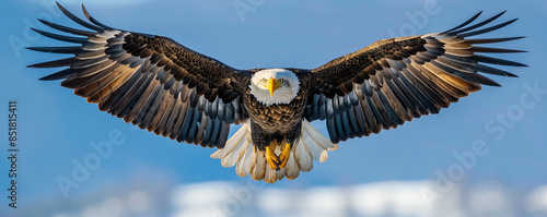 A majestic bald eagle soaring high above a pristine wilderness, its wings spread wide against a clear blue sky.