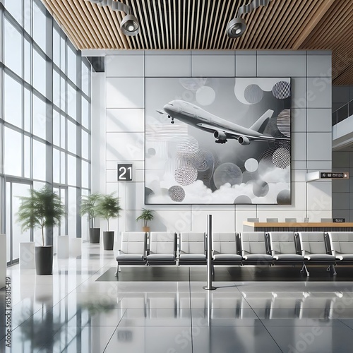 A large picture of an airplane in A commercial center space interior room creative informative. photo