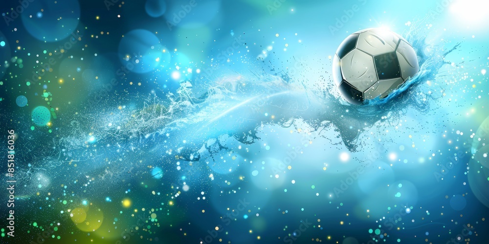 Fototapeta premium A soccer ball enters the water and creates a splash, with a bokeh background