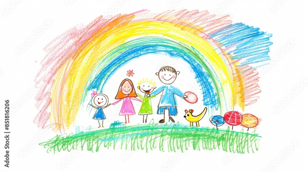 Fototapeta premium Creative children's drawing doodles in a psychologist's art therapy test: Happy family with children and parents