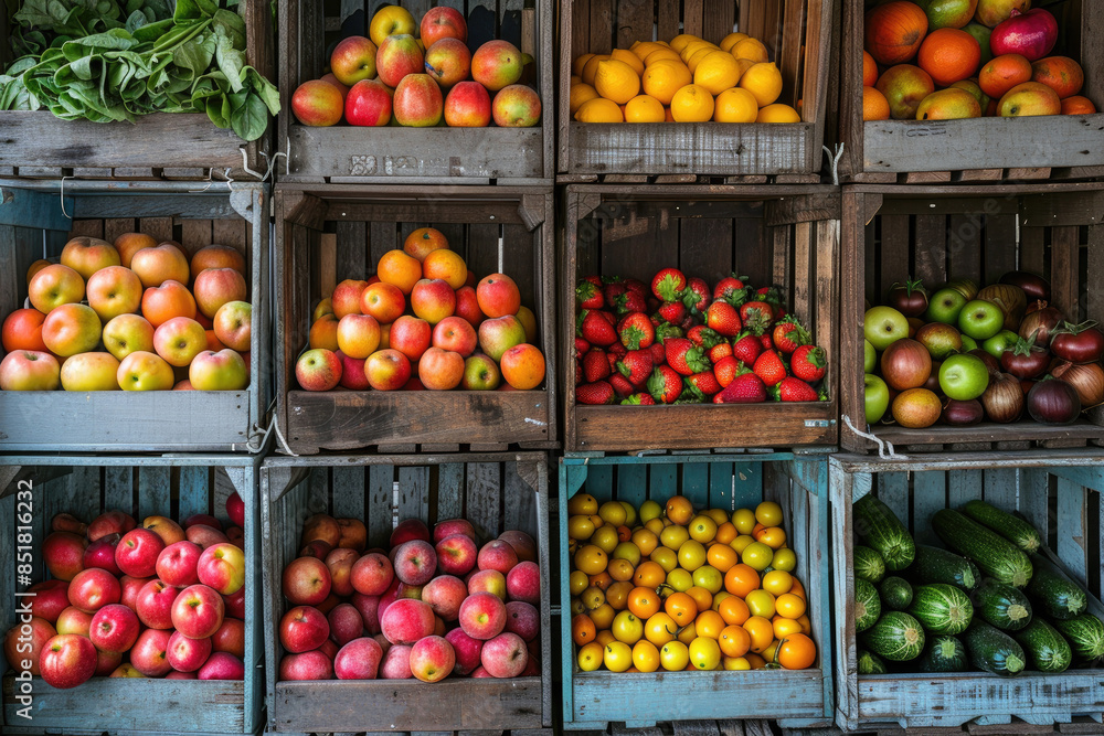 A variety of fruits and vegetables are displayed in wooden crates. The apples are in the front left of the image, while the oranges are in the middle and the strawberries are in the right side A variety of fruits and vegetables are displayed in wooden crates. The apples are in the front left of the image, while the oranges are in the middle and the strawberries are in the right side