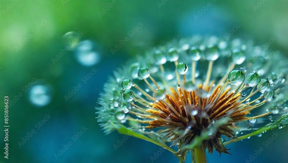 Beautiful water drops on a dandelion seed macro in nature. Beautiful blurred green and blue background. Dew drops on dandelion with free space. Bright colorful dreamy artistic image Beautiful water drops on a dandelion seed macro in nature. Beautiful blurred green and blue background. Dew drops on dandelion with free space. Bright colorful dreamy artistic image