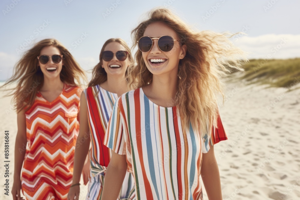 Group of happy friends in striped clothes walking along the sandy beach Friendship of the seas with different seasons and people Group of happy friends in striped clothes walking along the sandy beach Friendship of the seas with different seasons and people