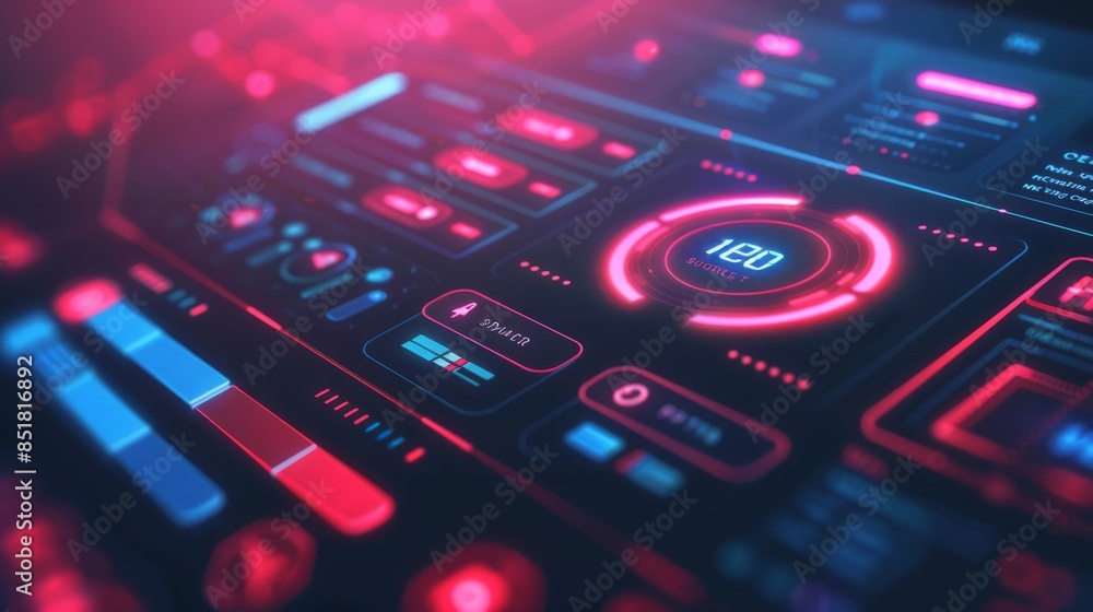 Futuristic user interface with glowing neon elements, digital dashboard in shades of red and blue depicting modern technology. Futuristic user interface with glowing neon elements, digital dashboard in shades of red and blue depicting modern technology.