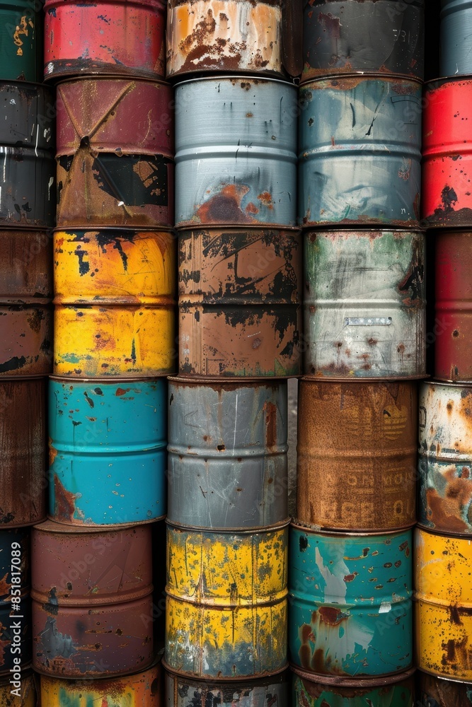 colorful oil drums stacked, showcasing a variety of textures colorful oil drums stacked, showcasing a variety of textures