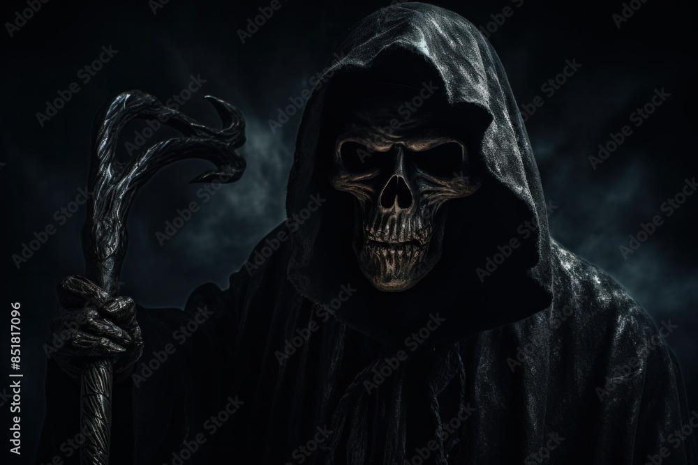 Grim Reaper on dark background, Halloween background, scary, angel of death, death. Grim Reaper on dark background, Halloween background, scary, angel of death, death.