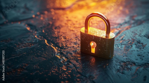Golden padlock illuminated by ambient light on a wet, reflective surface, symbolizing security and protection. photo