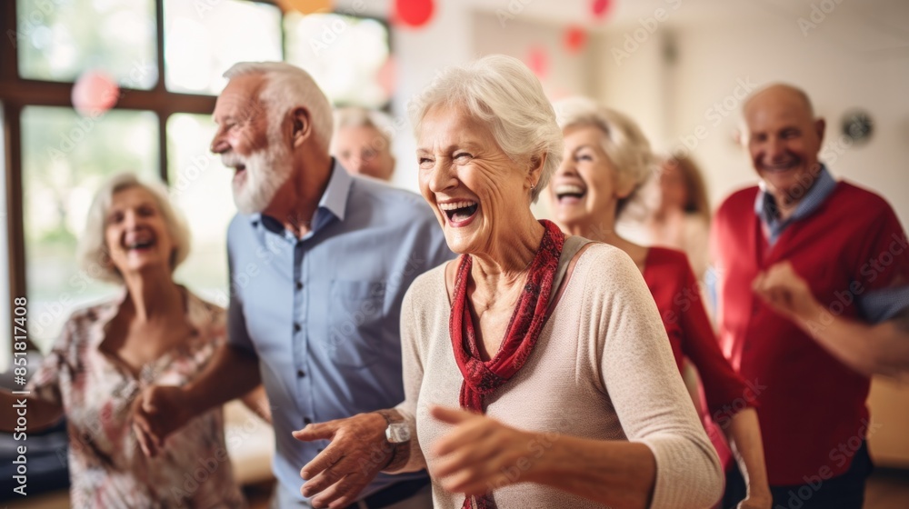 Fototapeta premium A group of happy seniors dance while enjoying activities in a nursing home. flexible body Do physical therapy